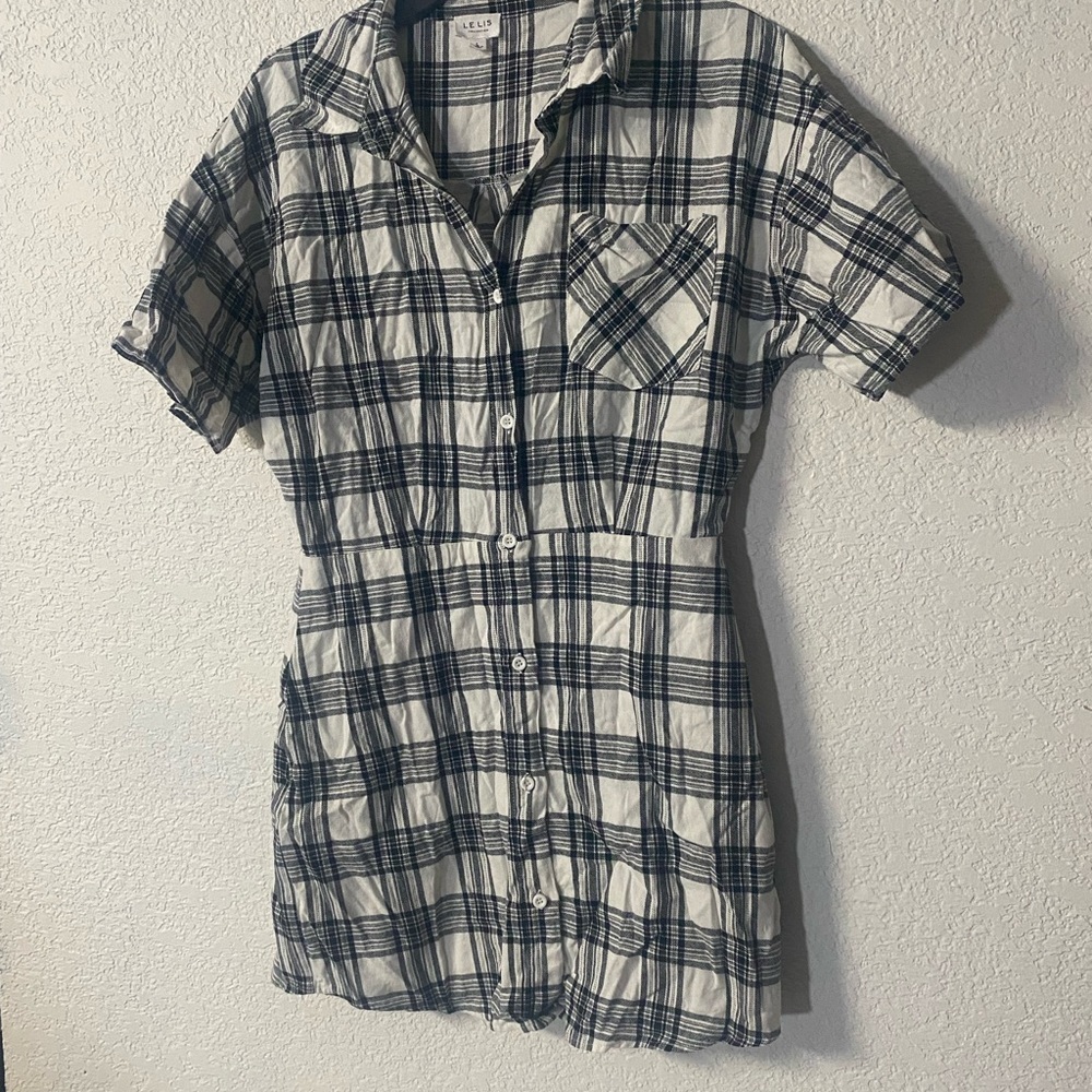 Le Lis Black and White Casual Plaid Button Down Mini dress SZ L